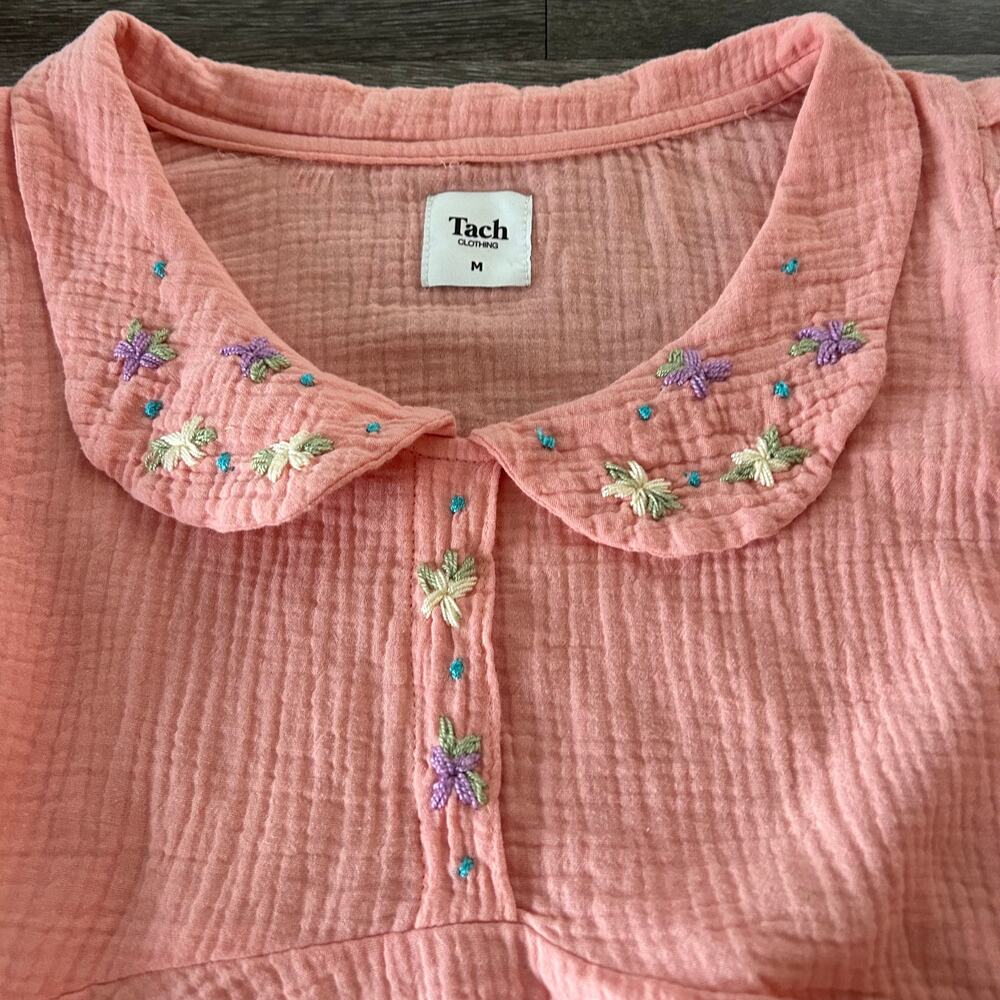 Tach Larina Embroidered Linen Cotton Top Puff Sleeve Peach Pink - Picture 3 of 16